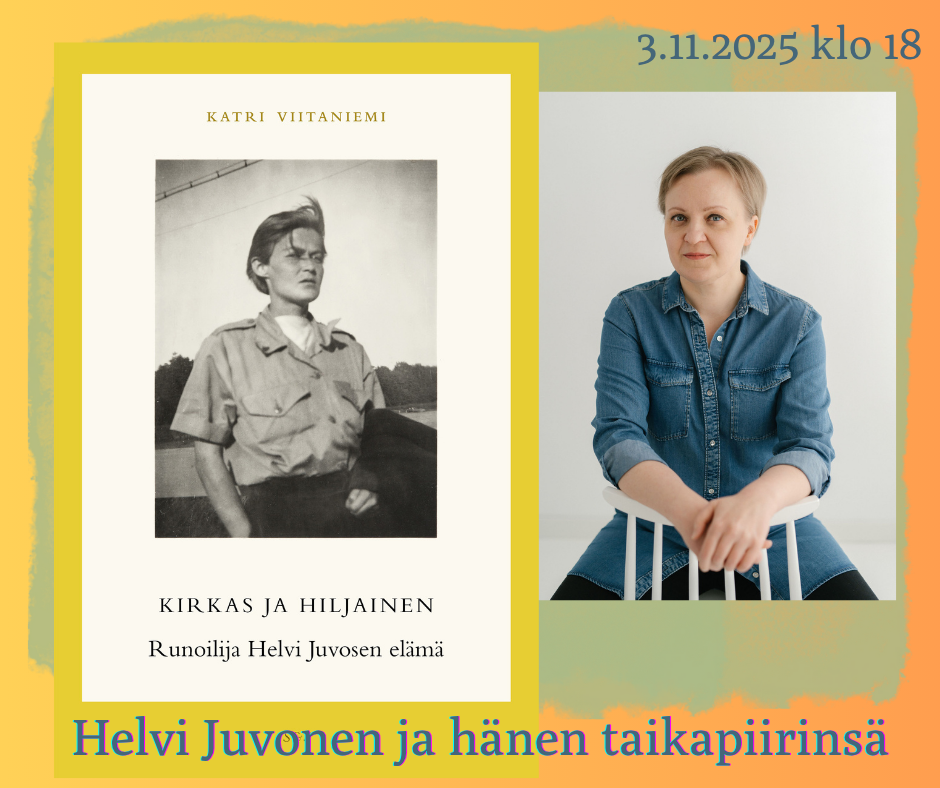 Helvi Juvosen elämäkertakirja ja valokuvassa teoksen kirjoittaja Katri Viitaniemi