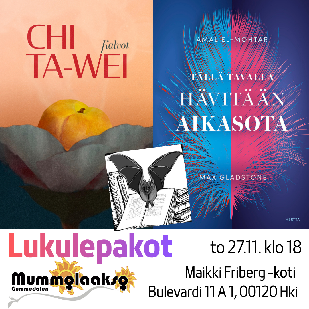 Kirjojen kansikuvat ja mustavalkopiirroksena lukulepakkologo