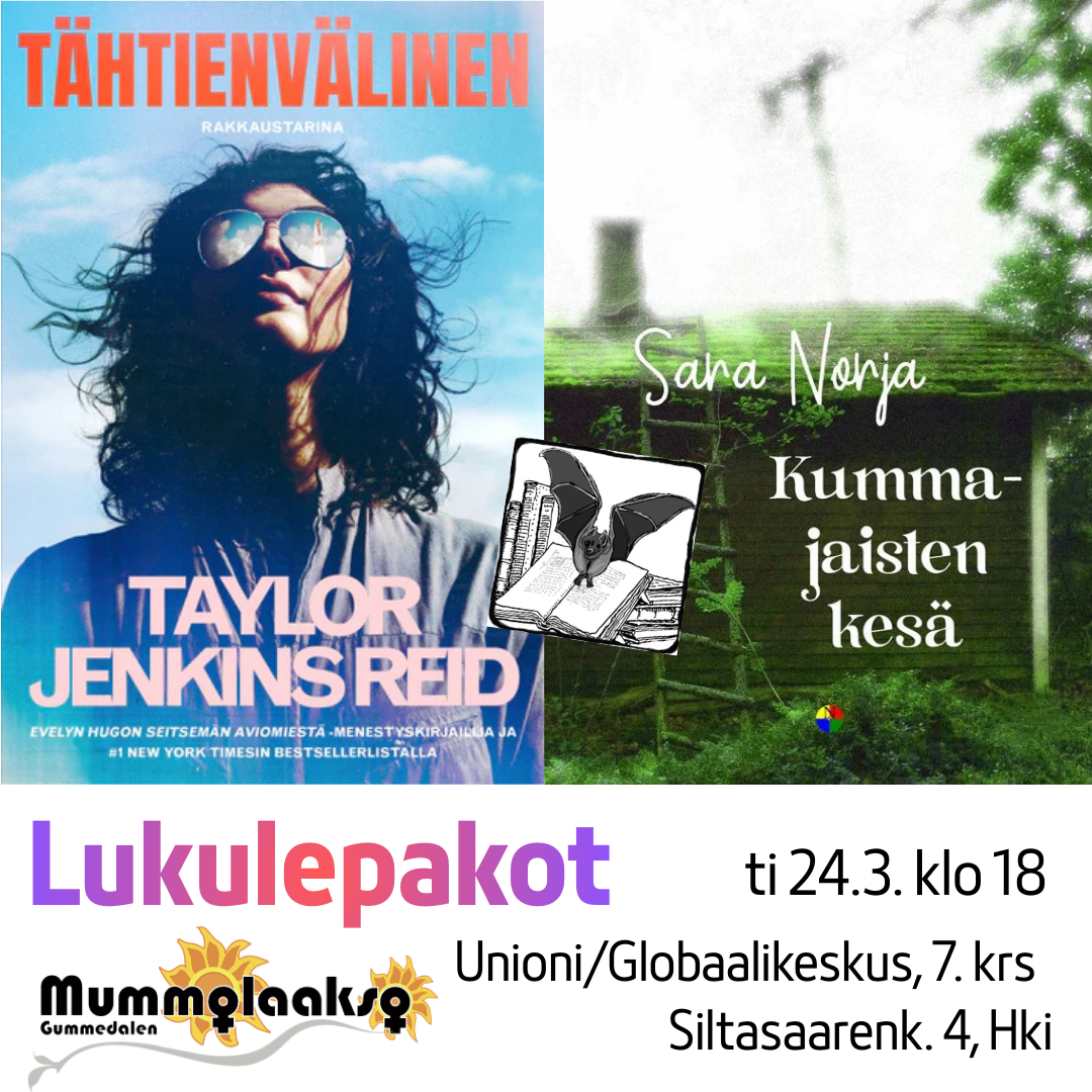 Kirjojen kannet ja tapahtumainfot lukulepakko- ja mummislogoilla.