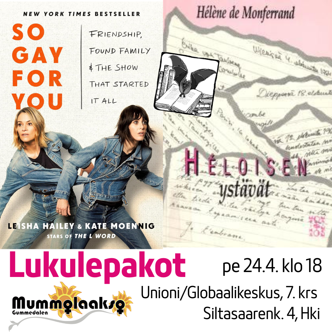 Kirjojen kannet tapahtumainfoilla ja logoilla.