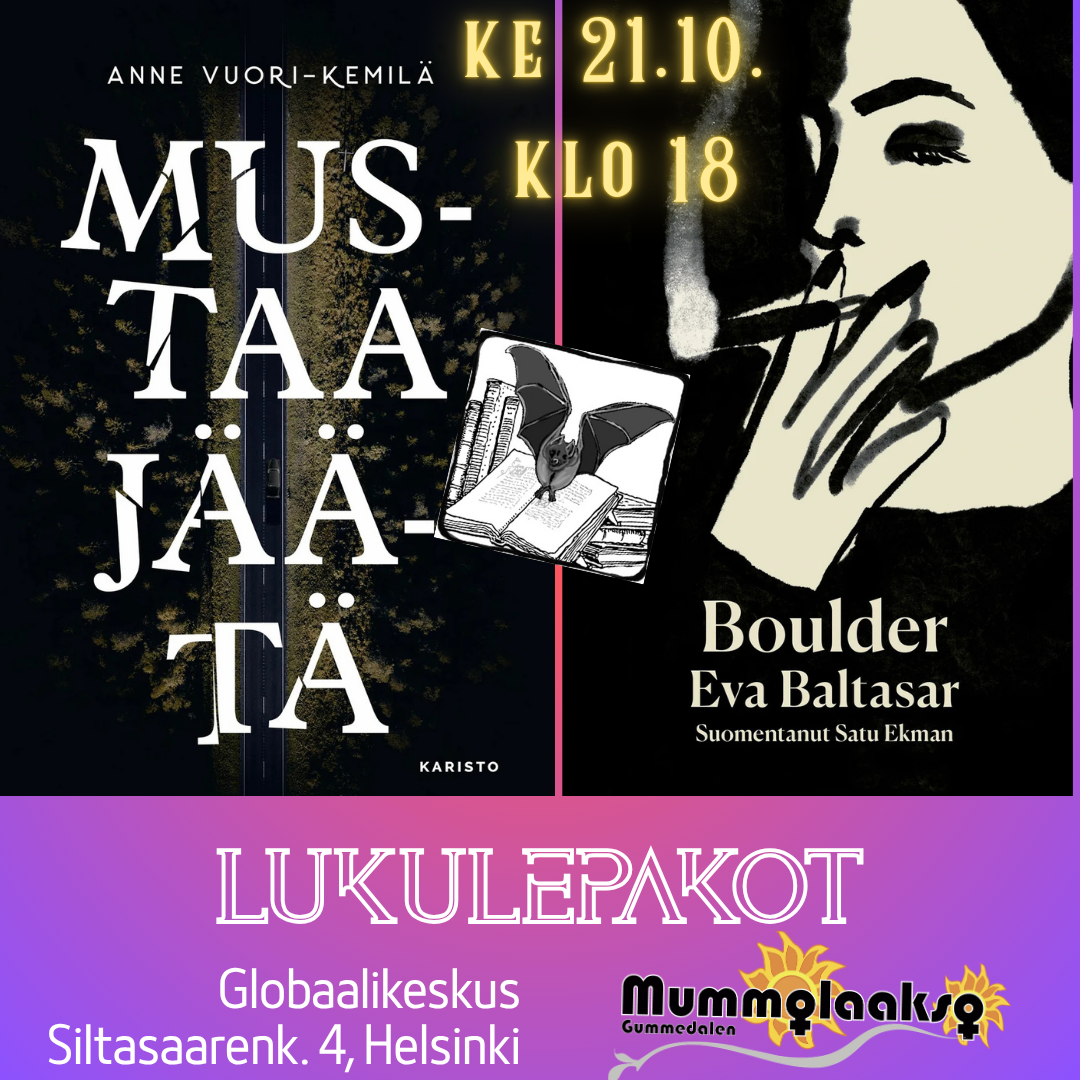 Mustapohjaiset kansikuvat, lukulepakkologo ja infot lilalla taustalla.